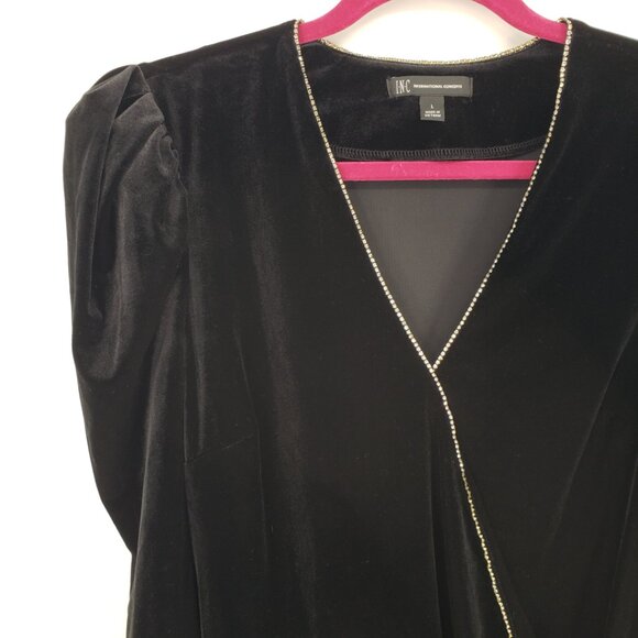 3/$25 INC International Concepts Rhinestone Trim Velvet Top L Long Puff Sleeves - Picture 4 of 7